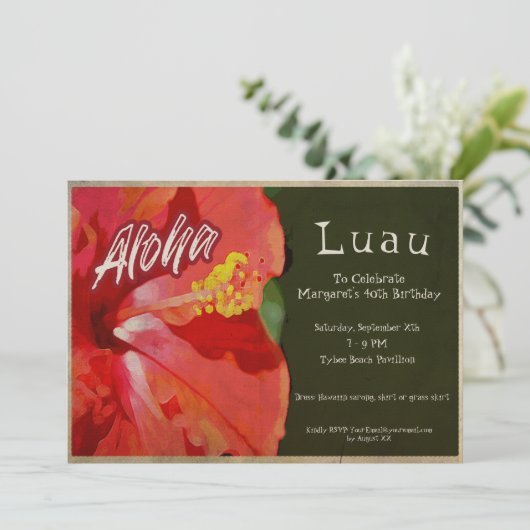 ヴィンテージハイビスカスルアウ（ハワイ式宴会）ビーチパーティー誕生日招待状 招待状 (スタンド正面)