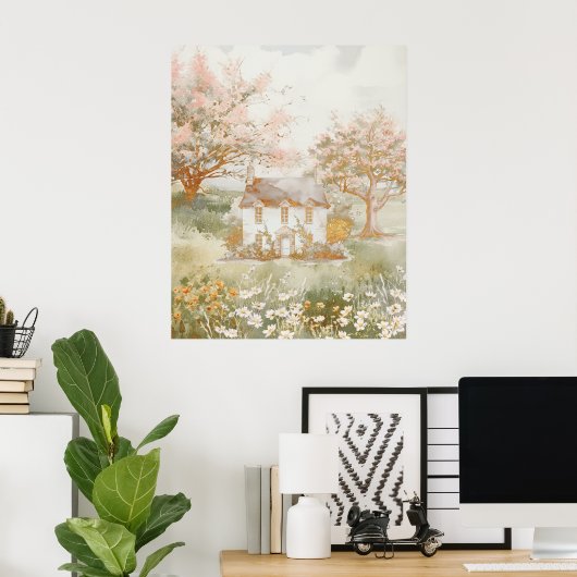 ヴィンテージハウスインザグリーンメドウコテージコアート ポスター (ホームオフィス)