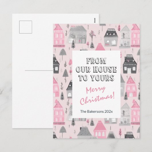 ヴィンテージハウスオンピンククリスマスポストカード シーズンポストカード (正面/裏面)