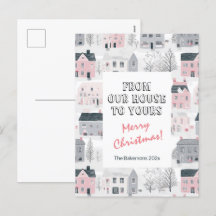 ヴィンテージハウスピンクグレークリスマスポストカード