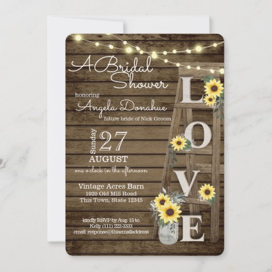 ヴィンテージハシゴとヒマワリブライダルシャワー 招待状 (正面)