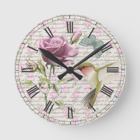 ヴィンテージハチドリとバラ ラウンド壁時計 (正面)