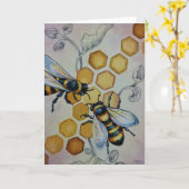 ヴィンテージハチNo.5ハニカムウォーターカラーアート カード (黄色い花)