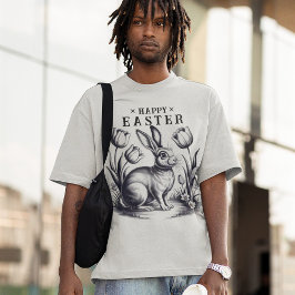 ヴィンテージハッピーイースターバニーとチューリップレトロインク Tシャツ