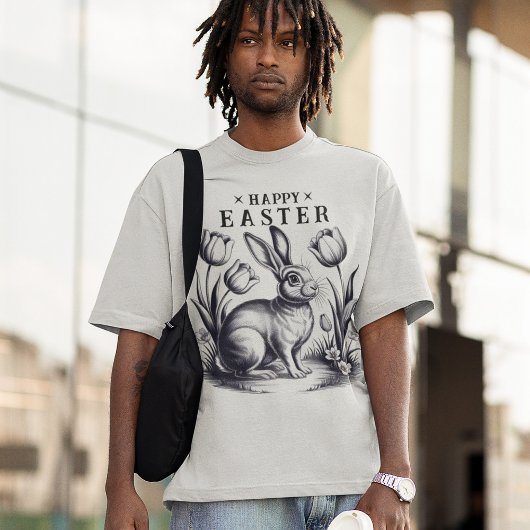 ヴィンテージハッピーイースターバニーとチューリップレトロインク Tシャツ