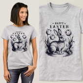 ヴィンテージハッピーイースターバニーとチューリップレトロインク Tシャツ