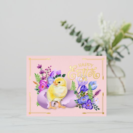 ヴィンテージハッピーイースターベビーチックおよびフローラ 箔シーズンポストカード (立ち正面)