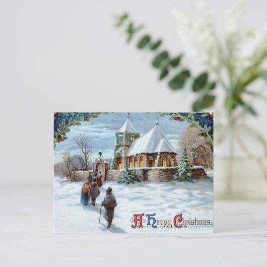 ヴィンテージハッピークリスマスお祝いイン教会 ポストカード (スタンド正面)