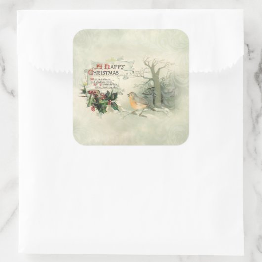 ヴィンテージハッピークリスマススクロール、ホリー&(鳥)ショウジョウコウカンチョウ スクエアシール (バッグ)
