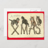ヴィンテージハッピークリスマスネコのクリスマスポストカード シーズンポストカード (正面/裏面)