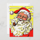 ヴィンテージハッピーサンタ喫煙パイプイエローレッド シーズンポストカード (正面/裏面)