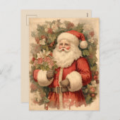 ヴィンテージハッピーサンタ節とホリー葉アート シーズンポストカード (正面/裏面)