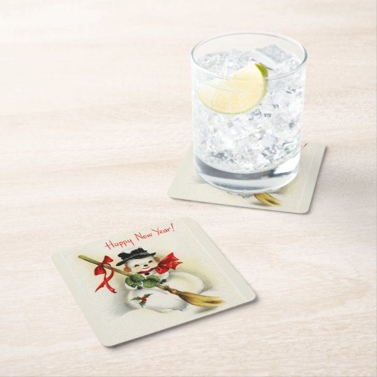 ヴィンテージハッピーニューイヤー雪だるま スクエアペーパーコースター (インサイチュ)