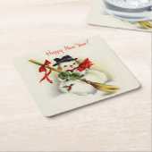 ヴィンテージハッピーニューイヤー雪だるま スクエアペーパーコースター (アングル)