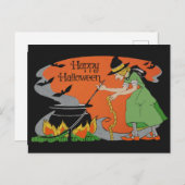ヴィンテージハッピーハローウィンスケッチオールドウィッチ&こうもり ポストカード (正面/裏面)