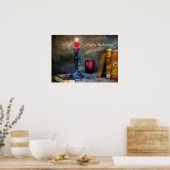 ヴィンテージハッピーハローウィンレッドキャンドルアンドオールドブックス ポスター (キッチン)