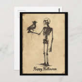 ヴィンテージハッピーハローウィン不気味スケルトンブラックバード ポストカード (正面/裏面)