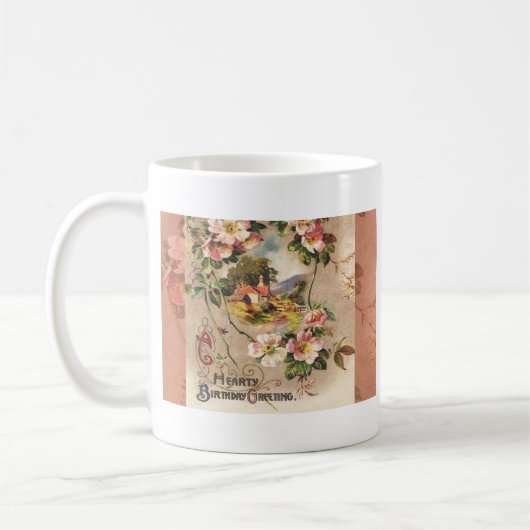 ヴィンテージハッピーバースデーカードアートワーク コーヒーマグカップ (左)