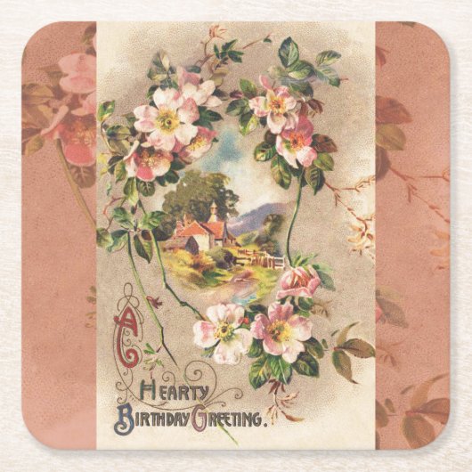 ヴィンテージハッピーバースデーカードアートワーク スクエアペーパーコースター (正面)