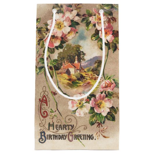 ヴィンテージハッピーバースデーカードアートワーク スモールペーパーバッグ (正面)