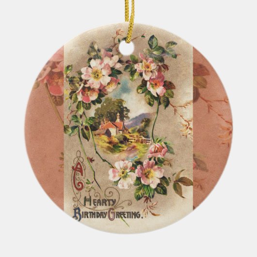 ヴィンテージハッピーバースデーカードアートワーク セラミックオーナメント (正面)