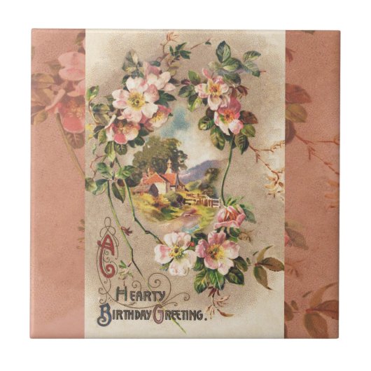 ヴィンテージハッピーバースデーカードアートワーク タイル (正面)