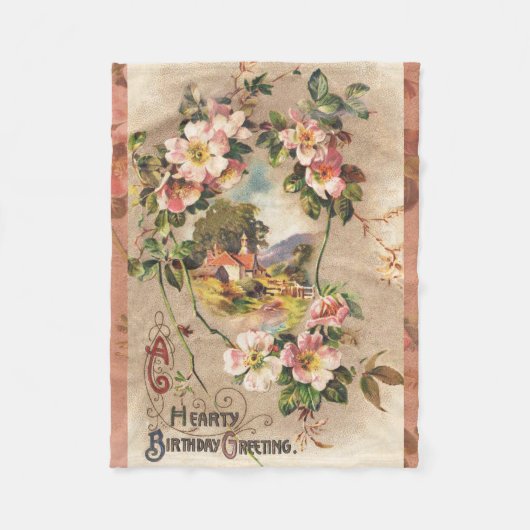 ヴィンテージハッピーバースデーカードアートワーク フリースブランケット (正面)