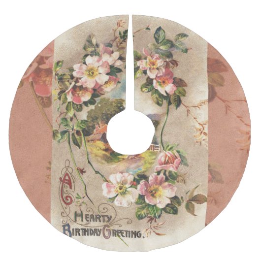 ヴィンテージハッピーバースデーカードアートワーク ブラッシュドポリエステルツリースカート (正面)