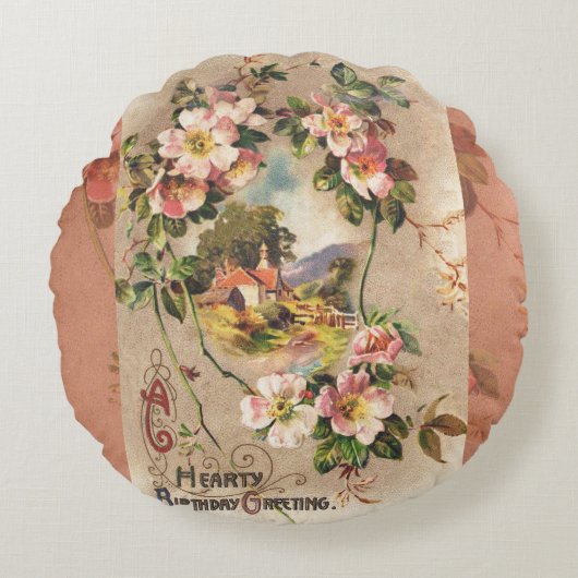ヴィンテージハッピーバースデーカードアートワーク ラウンドクッション (正面)
