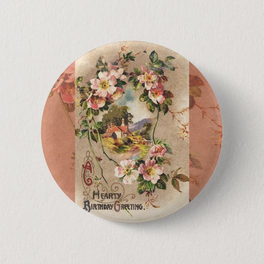 ヴィンテージハッピーバースデーカードアートワーク 缶バッジ (正面)