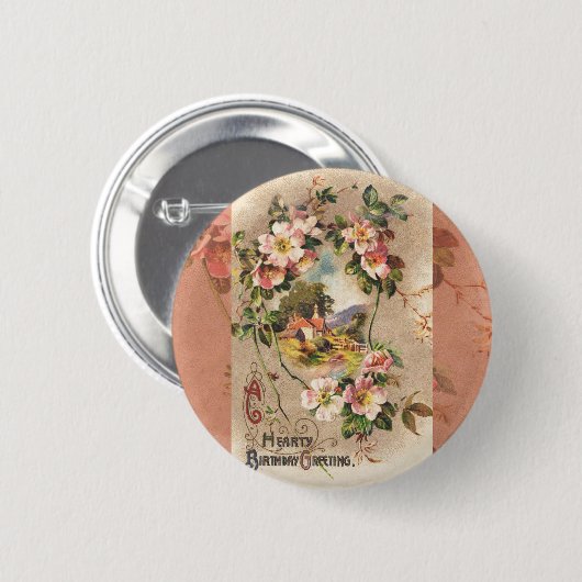 ヴィンテージハッピーバースデーカードアートワーク 缶バッジ (正面&裏面)