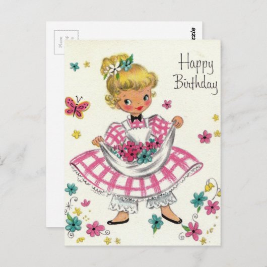 ヴィンテージハッピーバースデーガールインドレス ポストカード (正面/裏面)