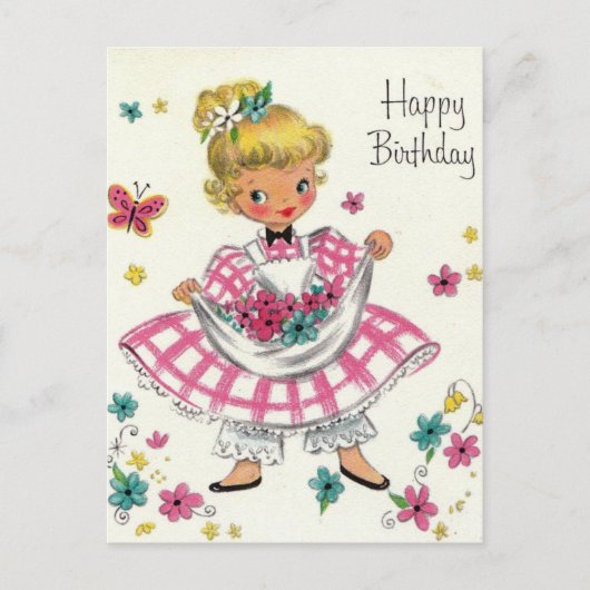 ヴィンテージハッピーバースデーガールインドレス ポストカード (正面)