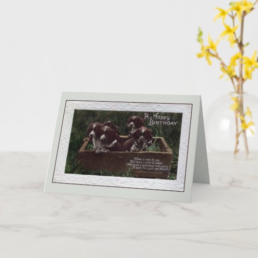 ヴィンテージハッピーバースデースリンガースパニエル犬子犬 カード (黄色い花)