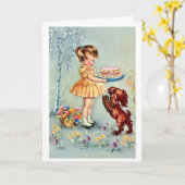 ヴィンテージハッピーバースデー小さな女の子とケーキ カード (黄色い花)