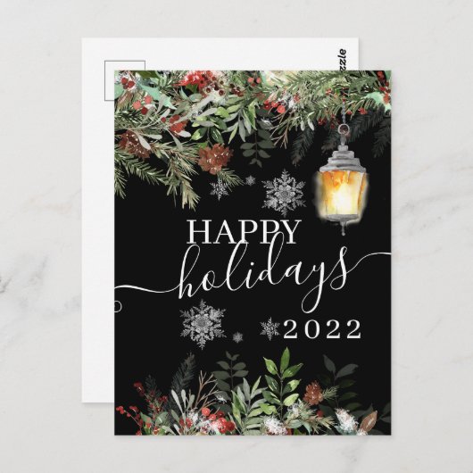 ヴィンテージハッピーホリデイズウィンターフォレストブラックカード ポストカード (正面/裏面)