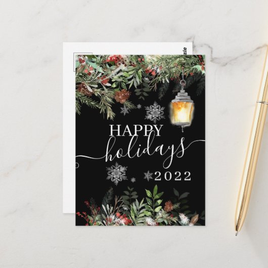 ヴィンテージハッピーホリデイズウィンターフォレストブラックカード ポストカード (正面/裏面インサイチュ)