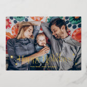 ヴィンテージハッピーホリデーズクリスマスファミリーフォト 箔シーズンカード (正面)