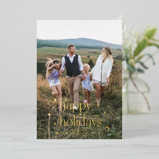 ヴィンテージハッピーホリデー素朴クリスマス写真 箔シーズンカード (立ち正面)