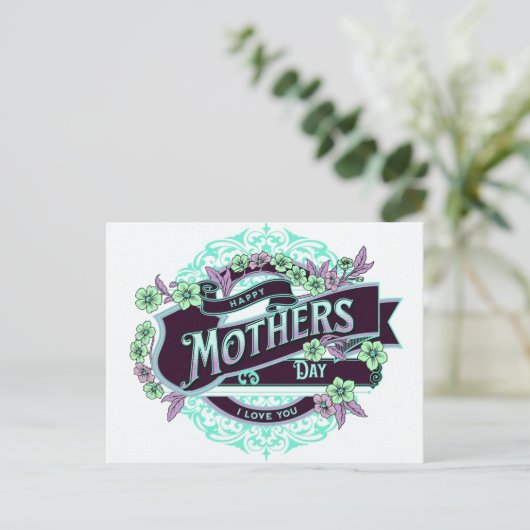 ヴィンテージハッピーマザーズデイグリーンパープルフローラ ポストカード (スタンド正面)