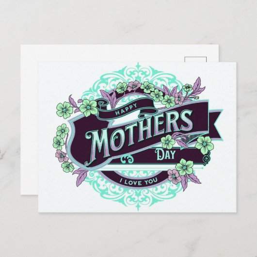 ヴィンテージハッピーマザーズデイグリーンパープルフローラ ポストカード (正面/裏面)
