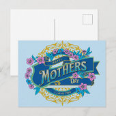 ヴィンテージハッピーマザーズデイブルーフローラフラワーズ ポストカード (正面/裏面)