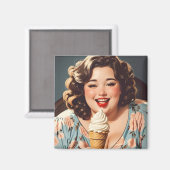 ヴィンテージハッピー食べ物ウーマンのアイスクリーム マグネット (正面/裏面)