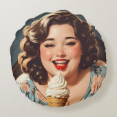 ヴィンテージハッピー食べ物ウーマンのアイスクリーム ラウンドクッション (裏面)