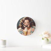 ヴィンテージハッピー食べ物ウーマンのアイスクリーム ラウンド壁時計 (ホーム)