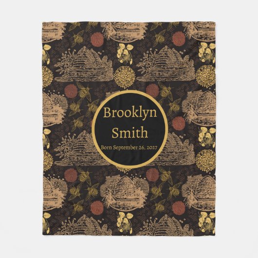 ヴィンテージハニカムビーブラック子供部屋 フリースブランケット (正面)