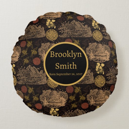 ヴィンテージハニカムビーブラック子供部屋 ラウンドクッション (正面)