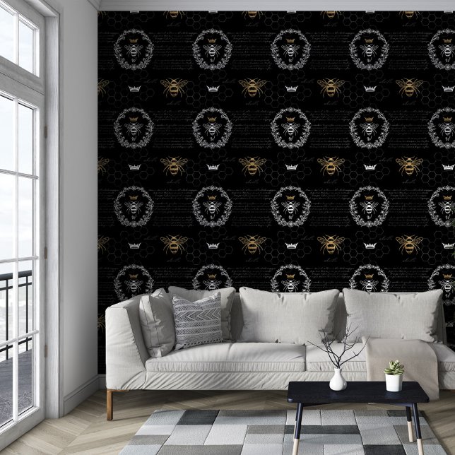 ヴィンテージハニークイーンビーブラック&ホワイトモノグラム 壁紙 (Vintage Honey Queen Bee Black & White Monogram Wallpaper)