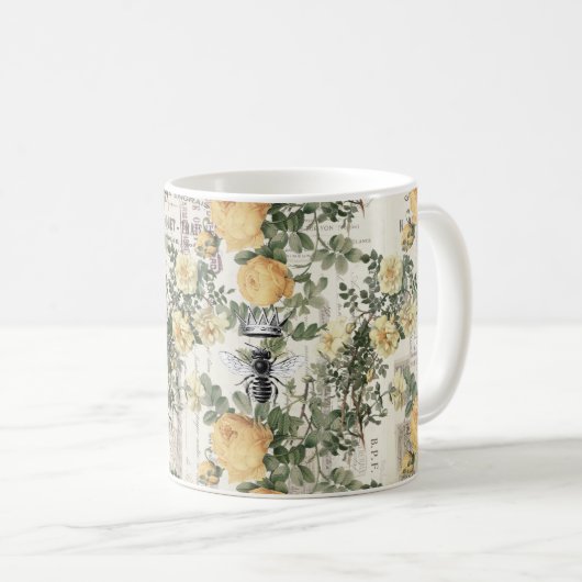 ヴィンテージハニービーエフェメライエローフローラルパターン コーヒーマグカップ (正面右)