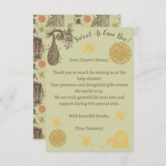 ヴィンテージハニー(昆虫)マルハナバチセージ赤ちゃんシャワー サンキューカード (正面/裏面)